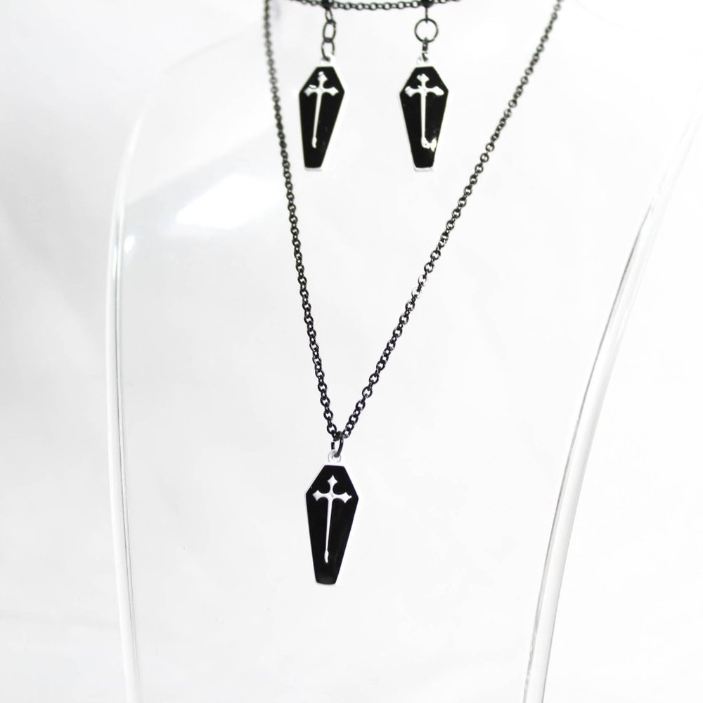 Gothic Black Metal Black Coffin Casket Earrings w/ White Crosses Dangle Earrings